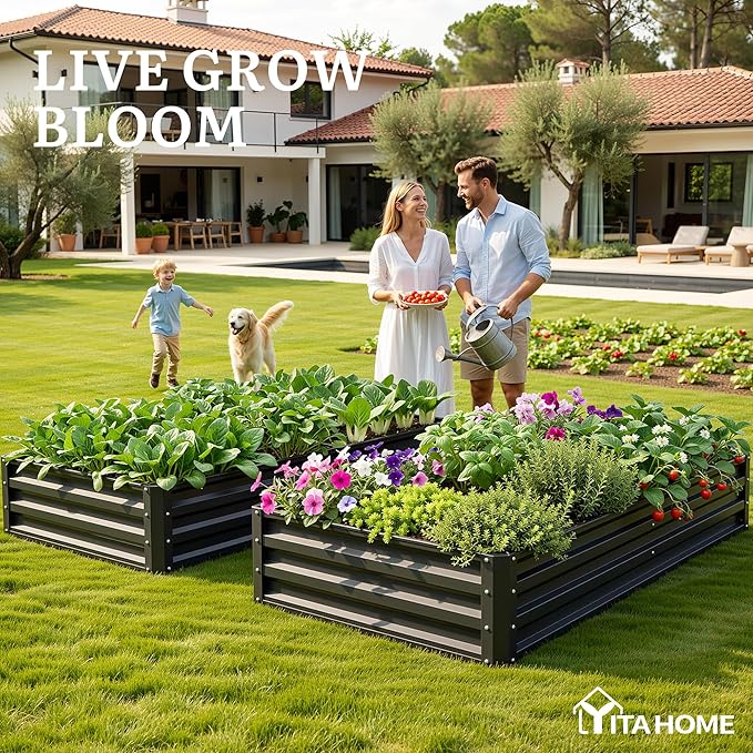 YITAHOME 72x36x12 in 2pcs Galvanized Raised Garden Bed Kit Large Metal Planter Box with Gloves &amp Support Rod Outdoor Flower Bed for Plants Vegetables Black