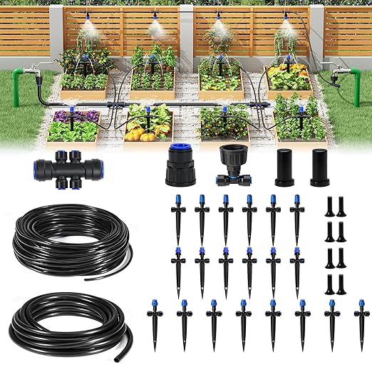 HIRALIY 128FT Drip Irrigation System Quick Connector Garden Watering Automatic Sprinkler Kit for Lawn Raised Bed Greenhouse Misting System with 3 Kinds Dripper Adjustable Nozzle