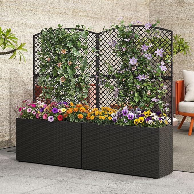 HAPPYGRILL Raised Garden Bed with Trellis 49 Wicker Planter Box w/Privacy Screen Liner Drainage for Patio Balcony Outdoor PE Rattan Elevated Garden Bed for Climbing Plant Vine Flower (Brown2)