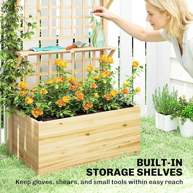 Outsunny Wooden Raised Garden Bed with Trellis and Roof Elevated Outdoor Planter Box with 2 Shelves Drainage Hole and Liner for Climbing Plants Vegetables Flowers Natural