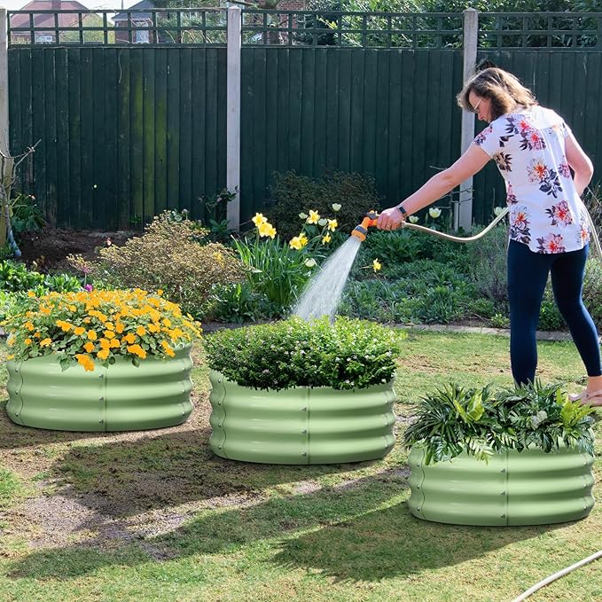 3 Pcs 2x2x1ft Round Galvanized Raised Garden Bed Kit with Tomato Cages Metal Planter Box Outdoor Raised Garden Beds for Gardening Vegetables Flowers Green
