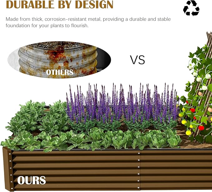 Domi 8x4x1.5ft Metal Raised Garden Beds Outdoor Thickened Galvanized Steel Deep Root Planter Box with Stabilizing Bars &amp Rubber Edging for Vegetables Flowers Herbs - Brown