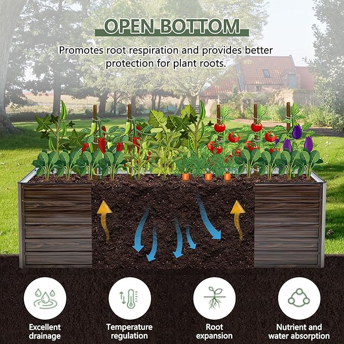 Galvanized Raised Garden Beds 8x4x2FT Outdoor Planter Boxes with Safety Edging and Gloves Rustic Country Style Metal Garden Bed Kit for Vegetables Flower and Fruits (Brown Wood Grain