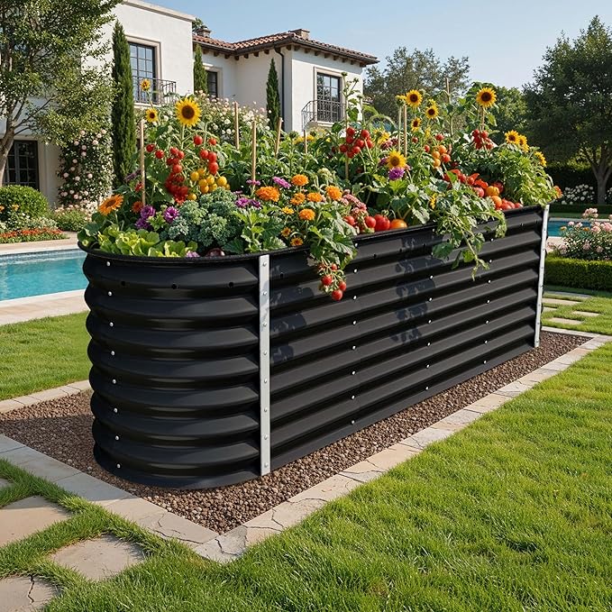 YITAHOME 24 Tall 9 in 1 Raised Garden Bed Kit96x24 in Large Galvanized Metal Planter Box with Gloves Safety Rubber &amp Support Rod Outdoor Flower Bed for Plants Vegetables Flowers Black