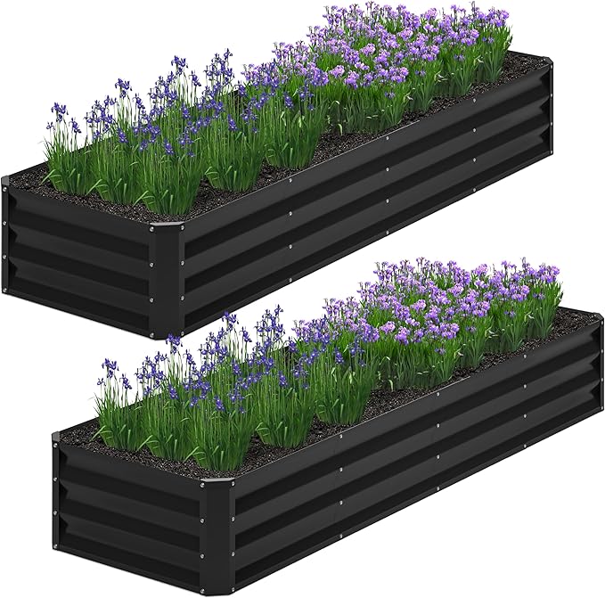 2PCS 8x2x1FT Galvanized Raised Garden BedPlanter Raised Beds-Metal Garden BoxLarge Plant for Outdoor Planting Vegetables BedFlowerherb-Black