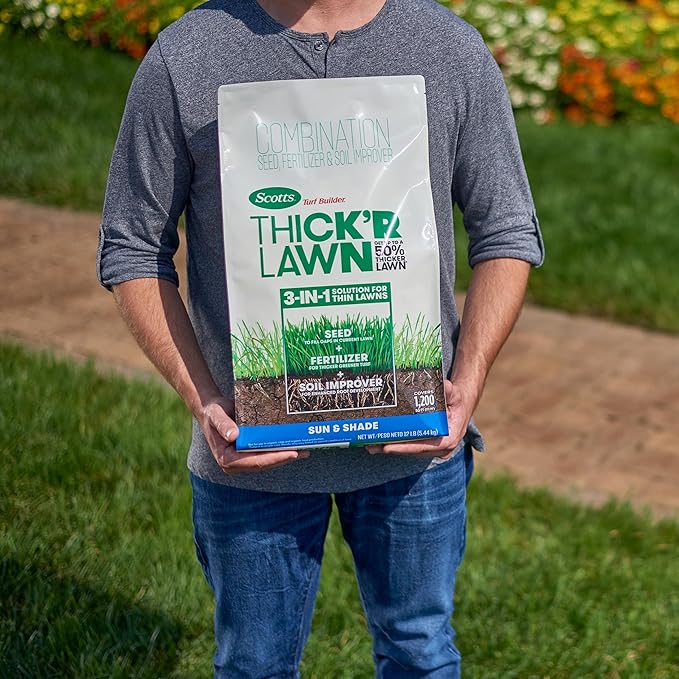 Scotts Turf Builder Thick'R Lawn Sun and Shade Combination Seed Fertilizer and Soil Improver Thickens Thin Grass 12 lbs.