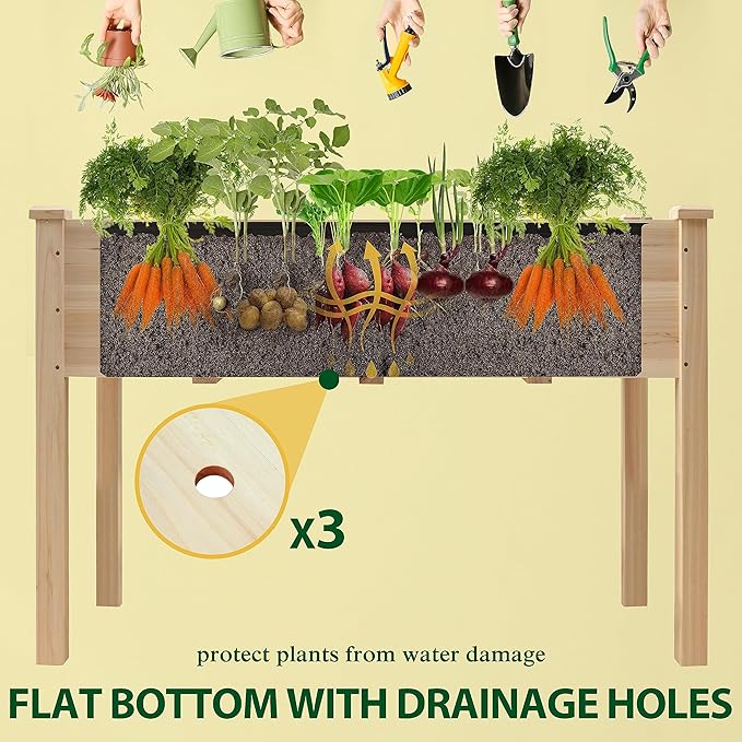 VEIKOU Raised Garden Bed Planter Box with Liner Drainage Holes Outdoor Raised Garden Bed with Legs for Vegetable Flower Herb 220 lbs Capacity Natural Wood