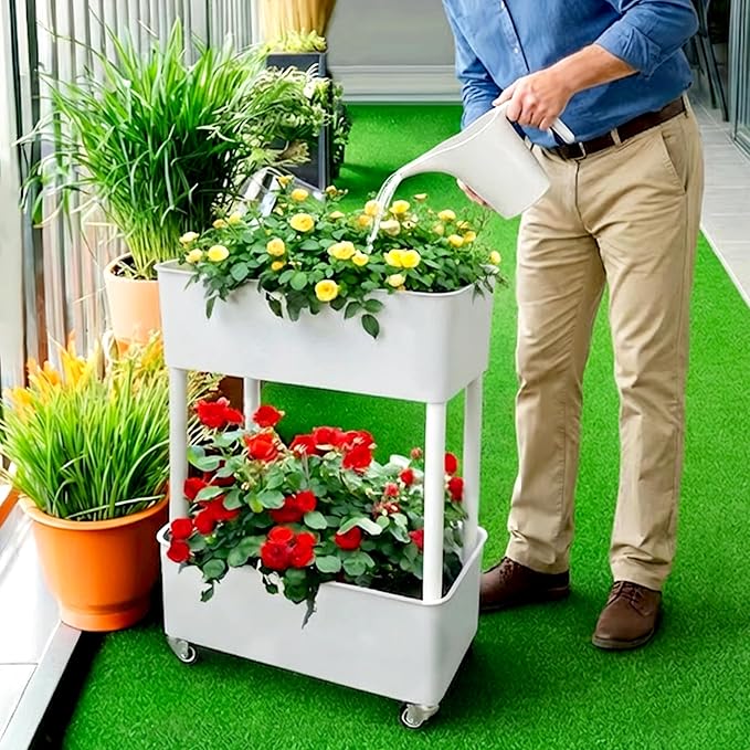 MNKXL Self-Watering Raised Planter Box with Lockable Wheels2-Tier Elevated Garden Bed with Visible Water Level WindowIndoor Outdoor Plastic Plant Box for FlowersVegetables &amp Herbs