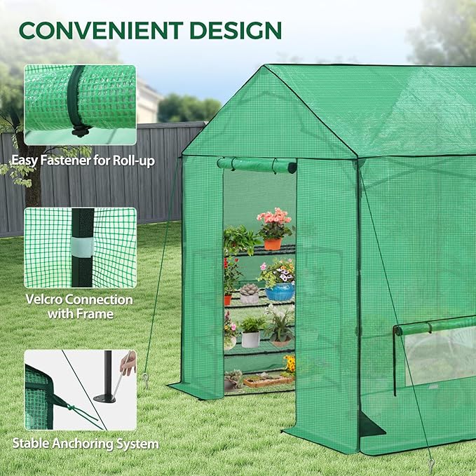 10x10 Pop Up Greenhouse Instant Walk in Green House with PE Cover Power Ports Roll up Doors &amp Windows for Indoor Outdoor Plant Growing Green