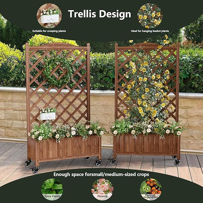 Upgraded 2-Pack 50 Tall Trellis Planter Box with Wheels 49.8H × 27.6W × 13.0D Solid Fir Wood Raised Garden Bed &amp Lattice Privacy Screen Rolling Planter with Drainage for Patio/Garden