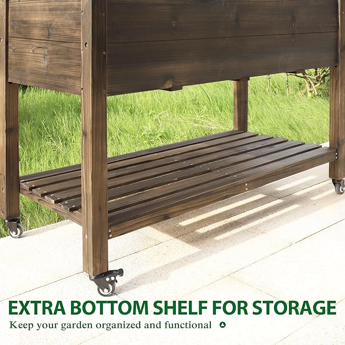 VEIKOU 48x24x33in Cedar Raised Garden Bed Planter Raised Beds with Lockable Wheels Storage Shelf Raised Garden Beds Outdoor for Backyard Patio Balcony Rustic