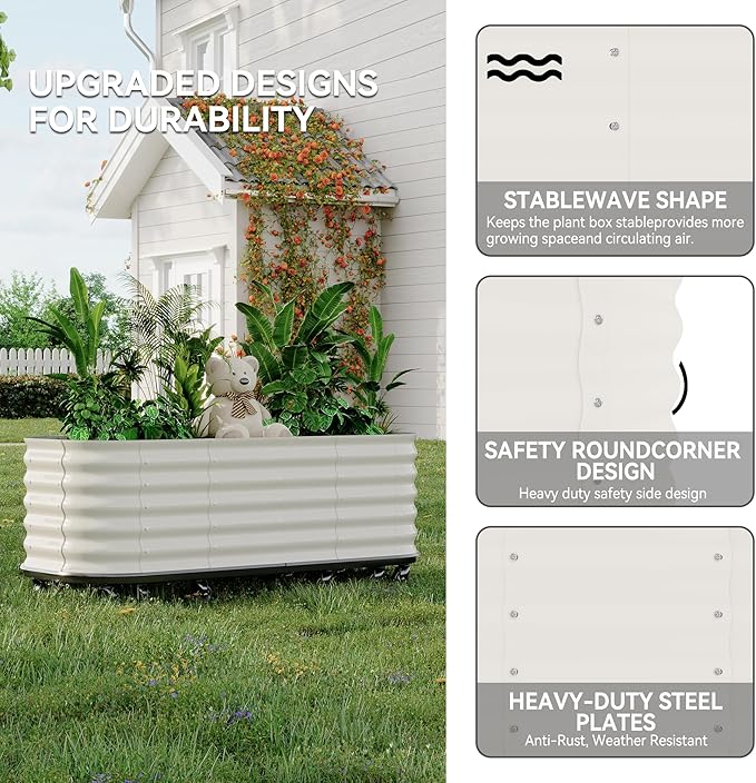 Mobile Large Raised Garden Bed with Water Reservoirs – Rustproof Galvanized Planter Cart with Wave Panels &amp Lock Wheel for Patio/Indoor Herbs(White)