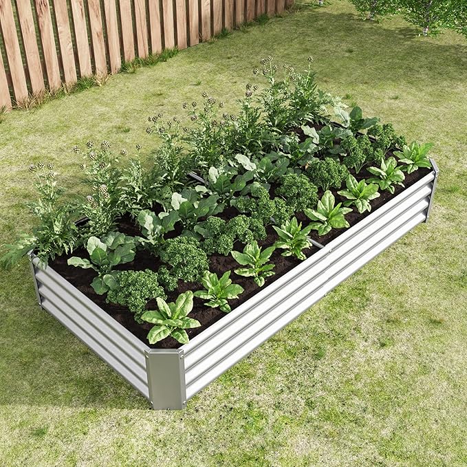 Raised Garden Bed Outdoor 6×3×1ft Metal Raised Rectangle Planter Beds for Plants Vegetables and Flowers - Silver