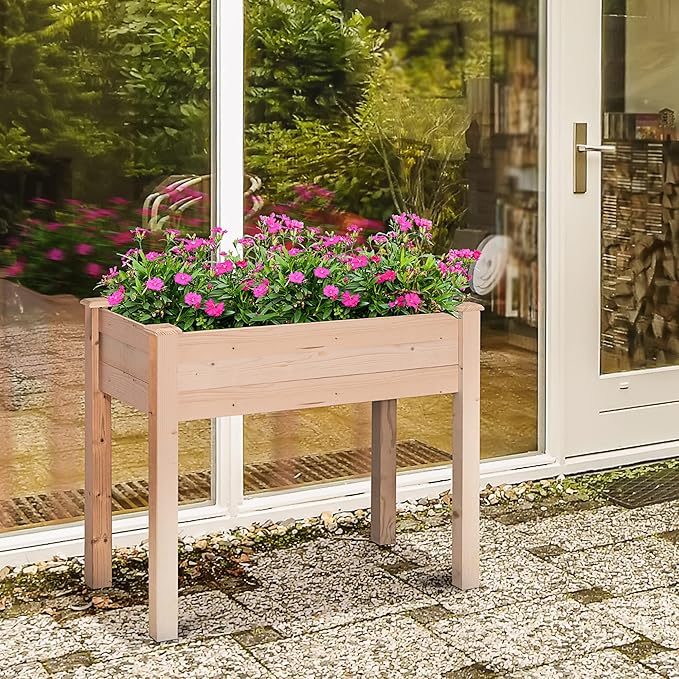 Raised Garden Bed with Legs 34 x 18 x 30 Elevated Wooden Planter Box Self Draining with Bed Liner for Vegetables Herbs and Flowers Backyard Patio Balcony Use Natural