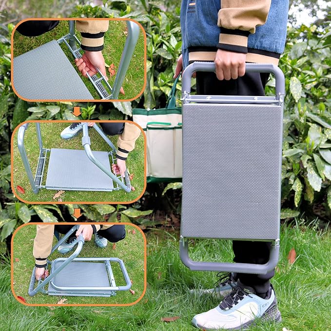 BDL Garden Kneeler Seat Foldable Durable Garden Stool with Tool Bag Pouch and Garden Gloves 330lb Capacity-Protects Your Knees Clothes from Dirt &amp Grass Stains