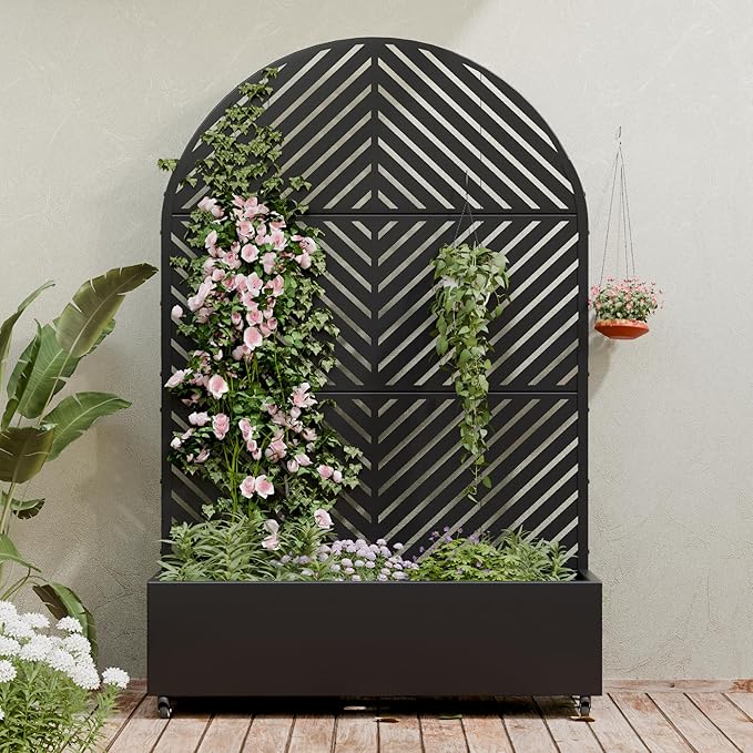 Casaphoria Metal Raised Garden Bed with Trellis and Wheels 72x47x16 Arched Planter Box for Climbing Plants Vegetables &amp Vines Features Drainage Holes and Privacy Screen (Black-Parallel)
