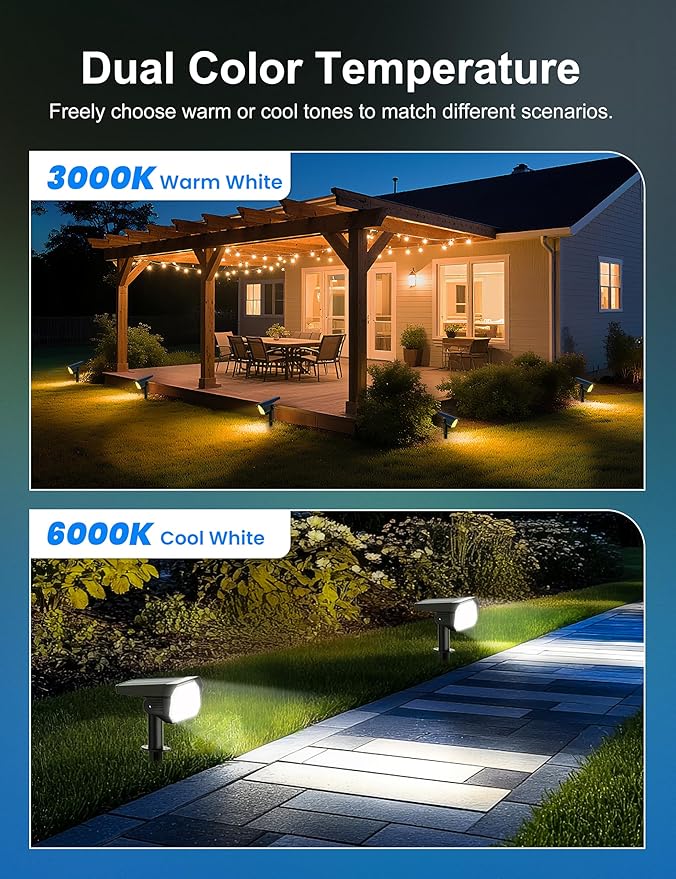 Brightown 4Pack Solar Spot Lights Outdoor [Cool &amp Warm Light 2-in-1] IP67 Solar Lights Outdoor Waterproof with 1800mAh Two Mounting Methods Outdoor Solar Lights for Yard Garden and Pathway