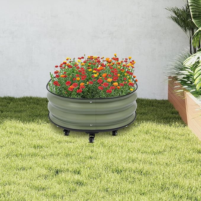 Raised Garden Bed with 9 Wheels Oval Metal Garden Planter Box Raised Planter Bed with Drainage Holes for Vegetables Flowers Patio Ground