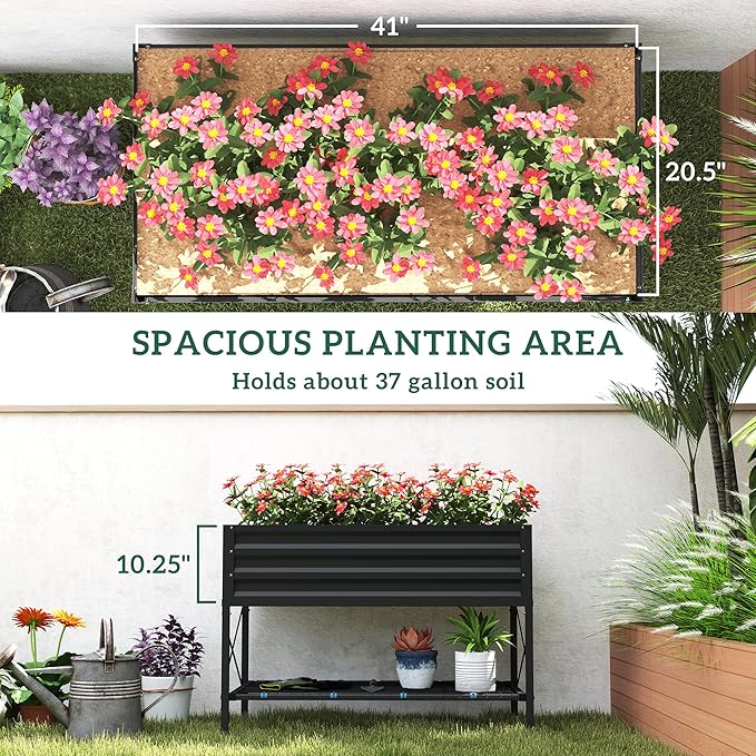 Outsunny Raised Garden Bed with Galvanized Steel Frame Storage Shelf and Bed Liner Elevated Planter Box with Legs for Vegetables Flowers Herbs Dark Gray