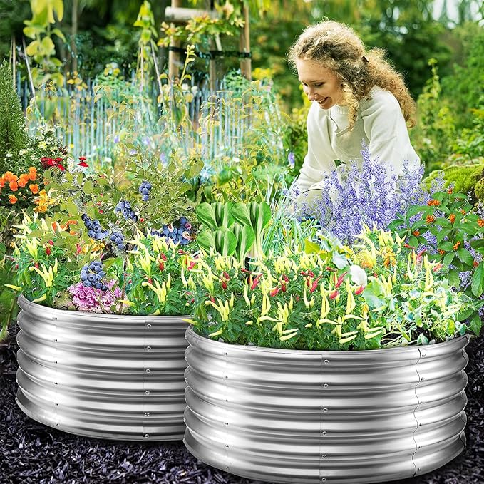 17 Tall Round Outdoor Garden Raised Garden Bed Kits-0.8MM Thick Metal Raised Planter Bed/Ground Planter Box for Variety of FlowersHerbsVegetablesTrees (Silver 40 Dia X 16.5 inches)