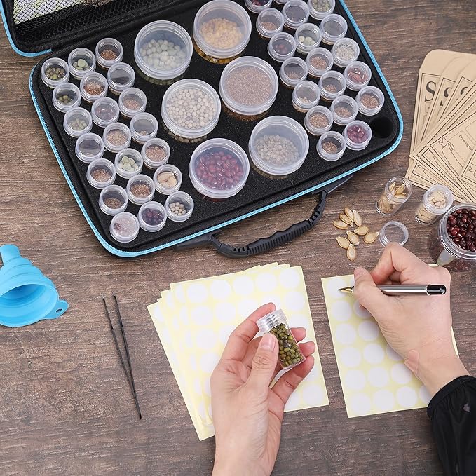 48 Slots Seed Storage Organizer Box Garden Vegetable Plant Flower Seeds Saving kit with Write Label Funnel Tweezer 2 Sizes Storage Bottles