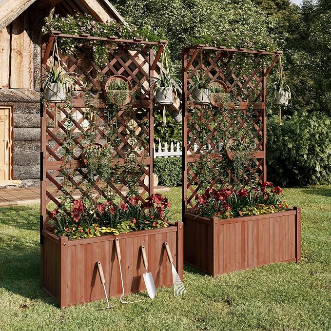 SPECRAFT 2 Pack Wood Planter with Trellis 35.4x17.7x72 Inch Raised Garden Bed 1.6Ft Deep Large Planter Box for Outdoor Gardening Vegetables and Climbing Plants