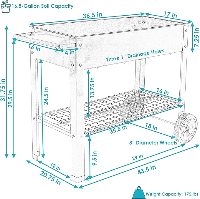 Sunnydaze 43-Inch Galvanized Steel Raised Garden Bed with Legs - Outdoor Elevated Planter Box with Wheels for Vegetables - Blue