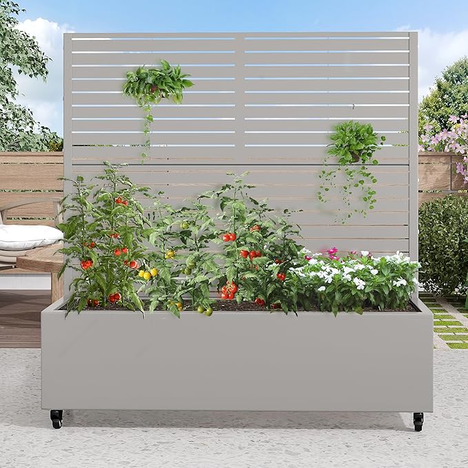 Casaphoria Metal Raised Garden Bed with Trellis and Wheels 47x47x16 Planter Box for Climbing Plants Vegetables &amp Vines Features Drainage Holes and Privacy Screen (Grey-Louvered)