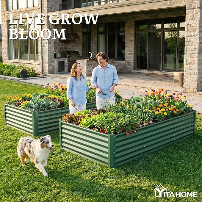 YITAHOME 8x4x1.5 ft Galvanized Raised Garden Bed Kit Large Metal Planter Box with Gloves Safety Rubber &amp Support Rod Outdoor Flower Bed for Plants Vegetables Green