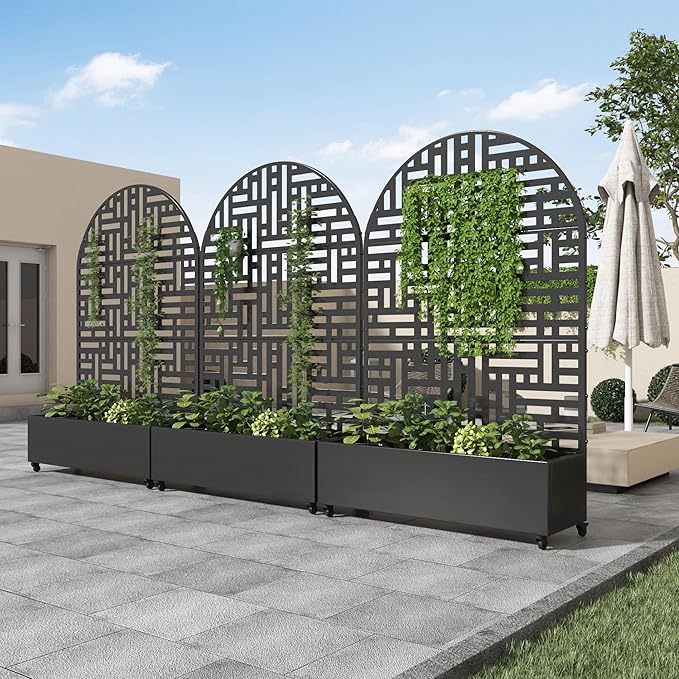 Casaphoria Metal Raised Garden Bed with Trellis and Wheels 72x47x16 Planter Box for Climbing Plants Vegetables &amp Vines Features Drainage Holes and Privacy Screen (Black-Helen)