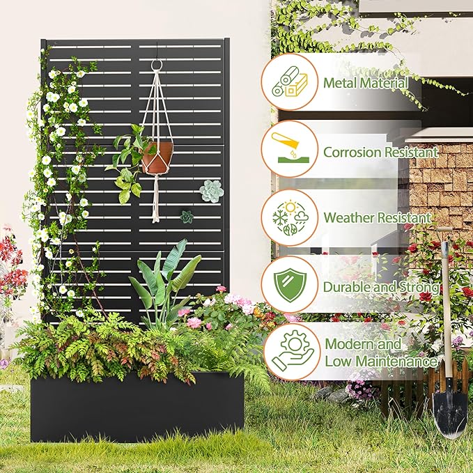 Trellis for Climbing Plants OutdoorMental Garden Bed with Drainage Holes Outdoor Privacy Screen Design Tall planters for herb Flower Vegetables 73x35x16 Black-Louvered