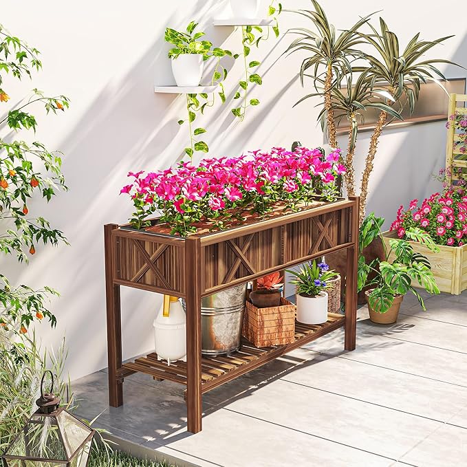 Outsunny Raised Garden Bed Elevated Wood Planter Box with Storage Shelf Drainage Holes and Liner for Backyard Patio Balcony 47 x 22 x 31.5 in Carbonized