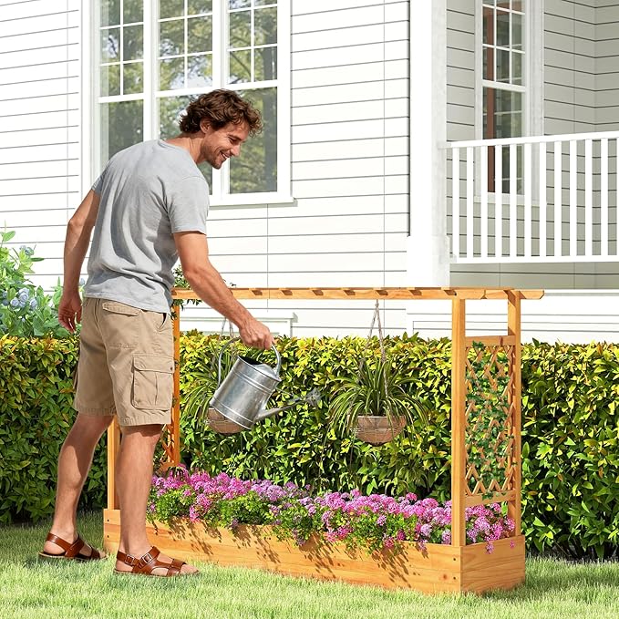 S AFSTAR Wooden Raised Garden Bed with Trellis 45 Elevated Planter Box with Hanging Roof &amp Open-Ended Base for Climbing Vine Flower Herb Vegetable Outdoor Plant Container for Patio &amp Yard