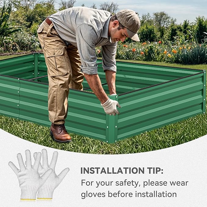 YITAHOME 96x48x12 in 2pcs Galvanized Raised Garden Bed Kit Large Metal Planter Box with Gloves Safety Rubber &amp Support Rod Outdoor Flower Bed for Plants Vegetables Green