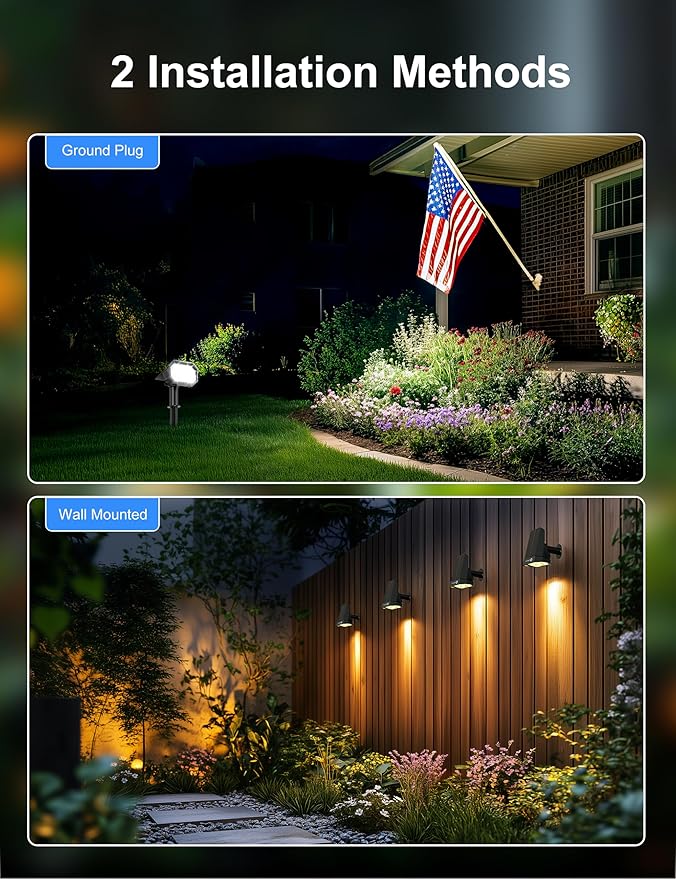Brightown 4Pack Solar Spot Lights Outdoor [Cool &amp Warm Light 2-in-1] IP67 Solar Lights Outdoor Waterproof with 1800mAh Two Mounting Methods Outdoor Solar Lights for Yard Garden and Pathway