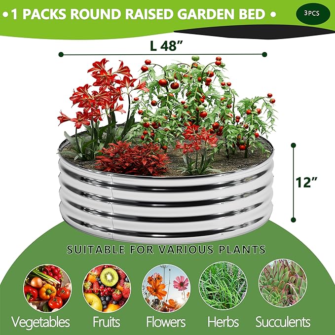 3PCS 4x4x1FT Galvanized Raised Garden Bed KitVegetable Boxes-Round Metal Flower BoxLarge Planter Raised Beds Outdoor Garden for PlantingFruitHerb-Silver