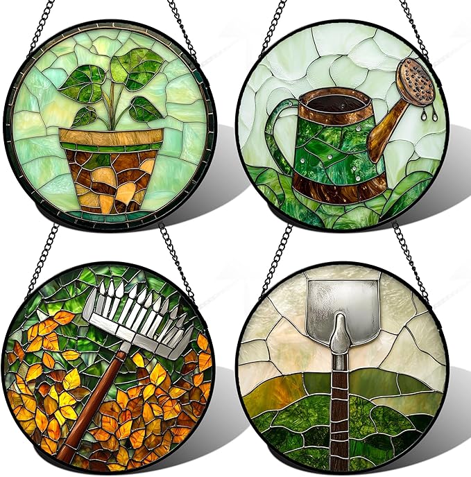 Stained Glass Window Hanging 4 Pcs Set Gardening Tools 6.3 - Suncatcher Door Garden Sun Catcher Decor Birthday Mother's Day for Gardener Men Woman Nana Mam Friend