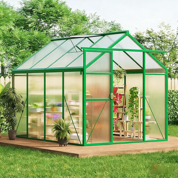6X8 FT Greenhouse Greenhouses for Outside Aluminum Frame Polycarbonate Panels with Sliding Lockable Door and Ajustable Roof Vent Spacious Walk-in Design for Backyard Garden Patio Green