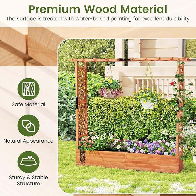 ORALNER Raised Garden Bed with Trellis Wooden Planter Box with Climbing Frame Outdoor Elevated Garden Box for Vegetables Herbs Flowers Fruits (Extra Large)