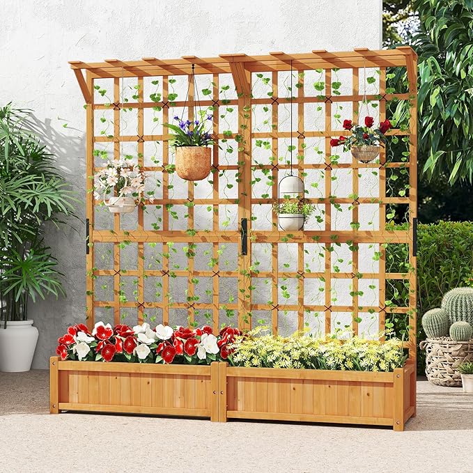 72” Planter Box with Trellis - Large Wooden Freestanding Garden Planter w/Hanging Roof 8 Drainage Holes &amp Lattice Panel - Raised Garden Bed with Trellis for Climbing Plants Flowers Vine