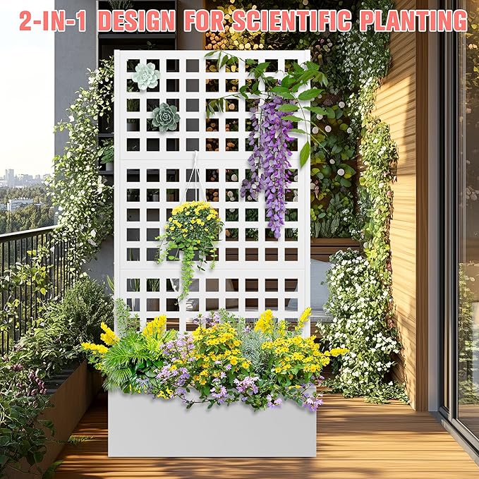 Metal Planter Box with Trellis Raised Garder Bed with Drainage Hole Outdoor Privacy Screen &amp Trellis for Climbing Plants Plant Stands 35''L×16''W×71''H White