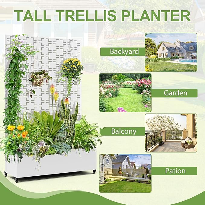 Raised Garden Bed with Trellis and Wheels73x47x16 Metal Raised Garden BedWhite Squared Metal Planter with Climbing Trellis for Vines &amp Vegetables