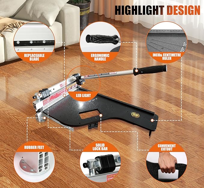 Laminate Floor Cutter 13” Vinyl Floor Cutter with Wheels – Easy Angle &amp Length Cutting Flooring Tools - Cuts Laminate Floor Engineered Wood LVP LVT VCT SPC WPC HSS Blade/LED Light