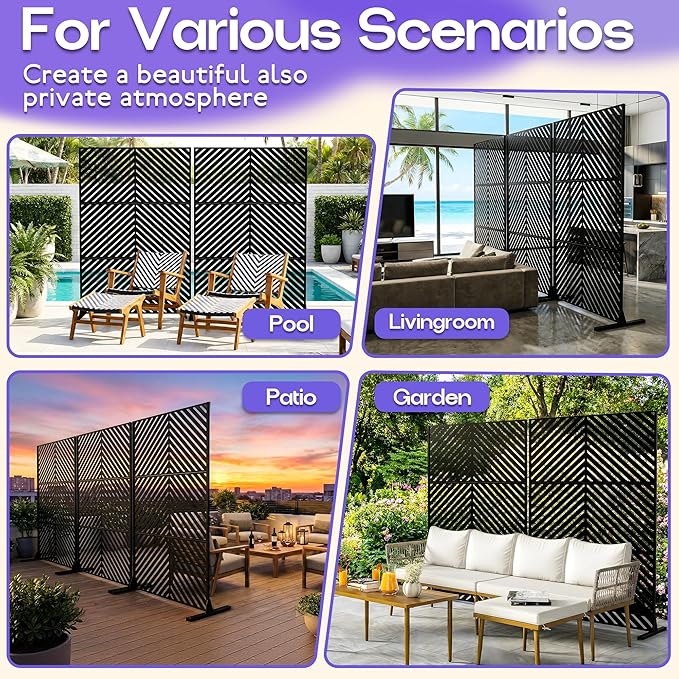 Metal Privacy Screen 72 H x 47.2 Decorative Outdoor Privacy Screen Privacy Panel with Stand for Balcony Deck Patio Lawn Garden Privacy Fence (Black-Arrow)