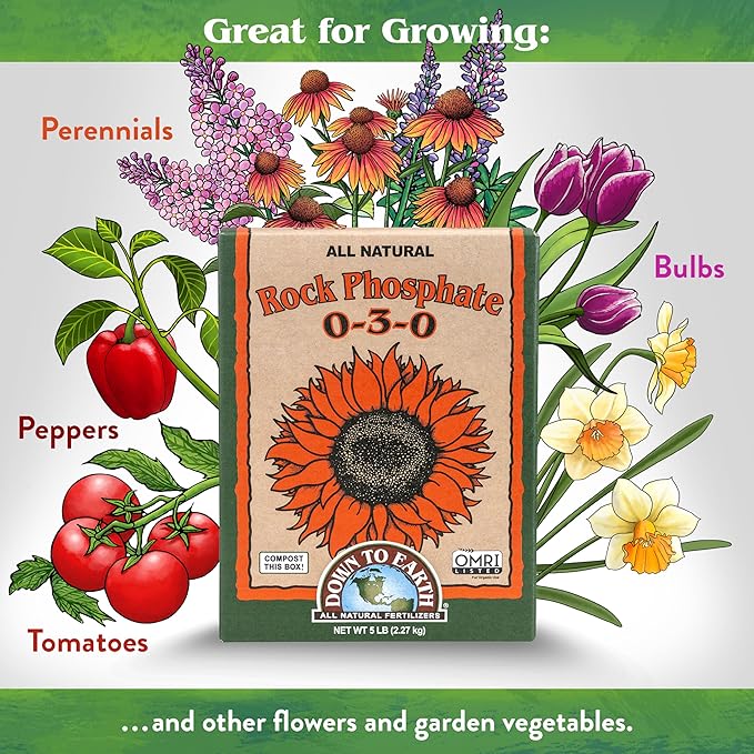Down To Earth All Natural Fertilizers Organic Rock Phosphate - Calcium Phosphate Plant Food for Flower Beds and Vegetable Gardens 0-3-0 5 lb
