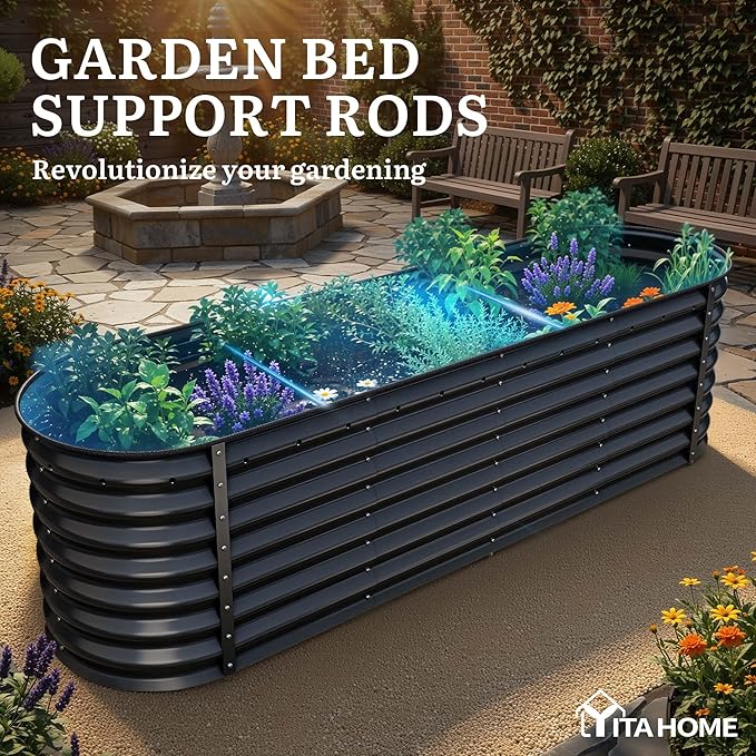 YITAHOME 24 Tall 9 in 1 Raised Garden Bed Kit96x24 in Large Galvanized Metal Planter Box with Gloves Safety Rubber &amp Support Rod Outdoor Flower Bed for Plants Vegetables Flowers Black