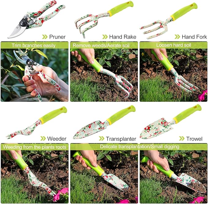Gardening Tool Set - 13 PCS Heavy Duty Aluminum Gardening Tools Kit Floral Print Garden Tool Set with Non-Slip Rubber Handle &amp Durable Storage Tote Bag Gardening Supplies Gifts for Women Men