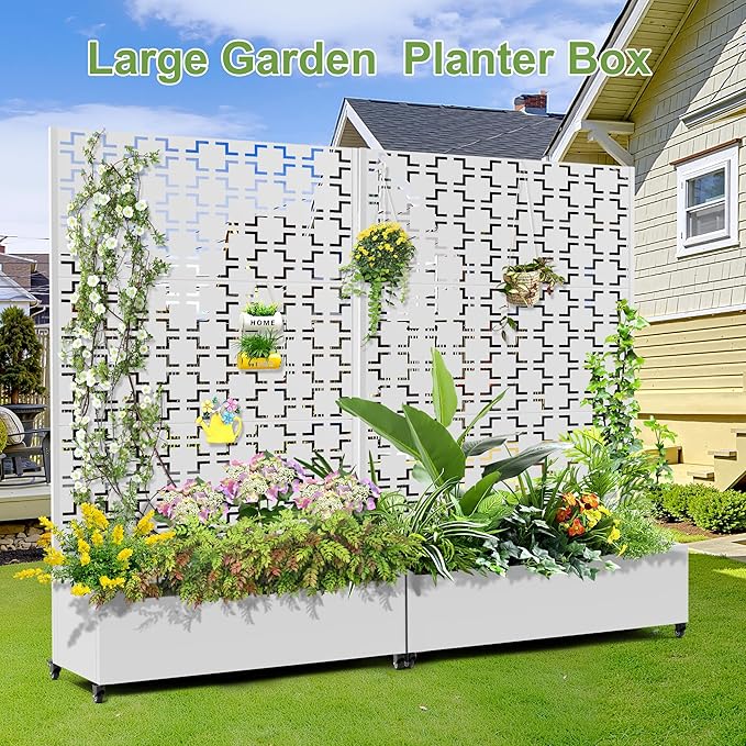 Raised Garden Bed with Trellis and Wheels73x47x16 Metal Raised Garden BedWhite Squared Metal Planter with Climbing Trellis for Vines &amp Vegetables