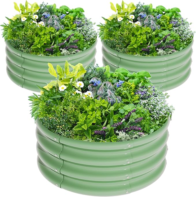 3Pcs 2X2X1ft Round Raised Garden Bed KitGalvanized Raised Garden Beds Outdoor Metal Planter Box Steel Kit Flower HerbVegetables..Grass Green