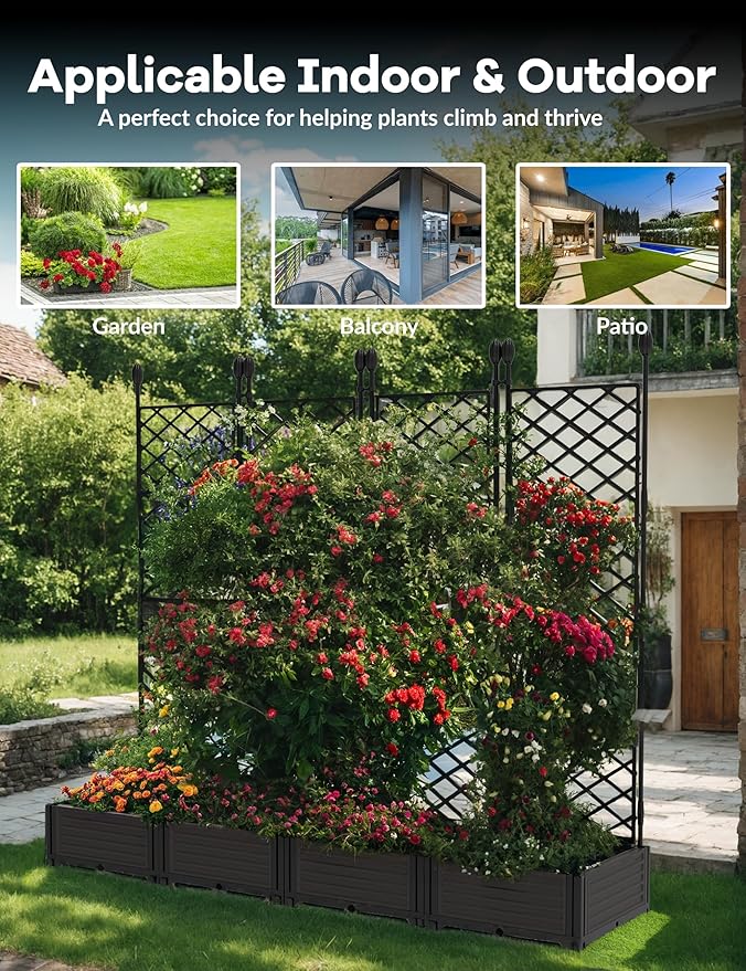 4 PCS Raised Garden Bed with Trellis &amp Privacy Screen 66 Wide x 63 Tall Vertical Garden Planter Box for Climbing Plants Large Outdoor Privacy Screen for Patio Balcony Yard Garden Black